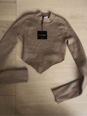 JLUXLABEL Pointed Hem Cropped Knit Top - Tan open back